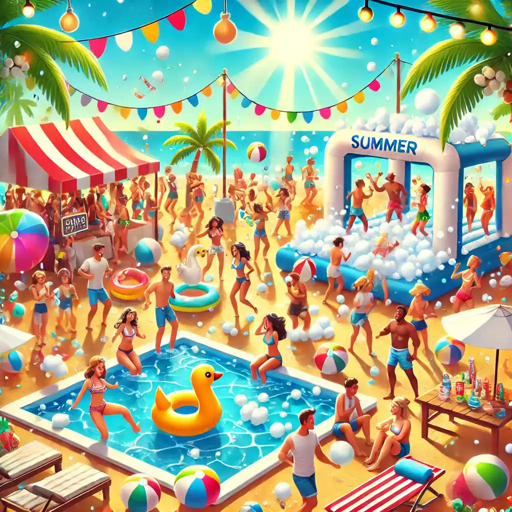water pool, water bouncy, foam machine, rain dance, water pool rental, foam machine rental, rain dance setup, water party equipment, summer party rentals